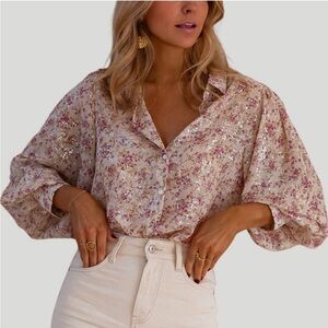 Amaryllis Floral Sequin Blouse - Cream/pink/silver shimmer